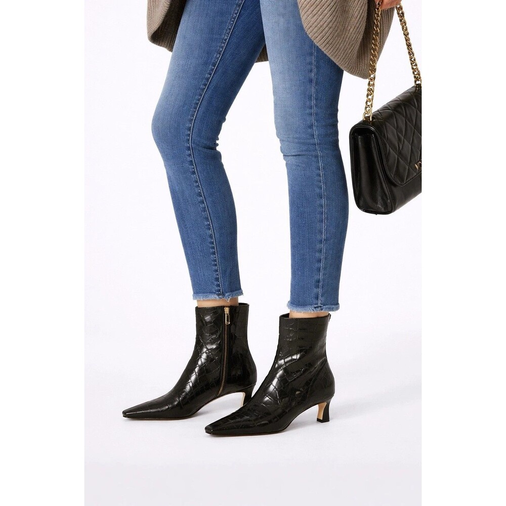 Michael Kors $175 Cosmo Croc-Embossed Bootie Kitten Heels Boots Black NIB 7